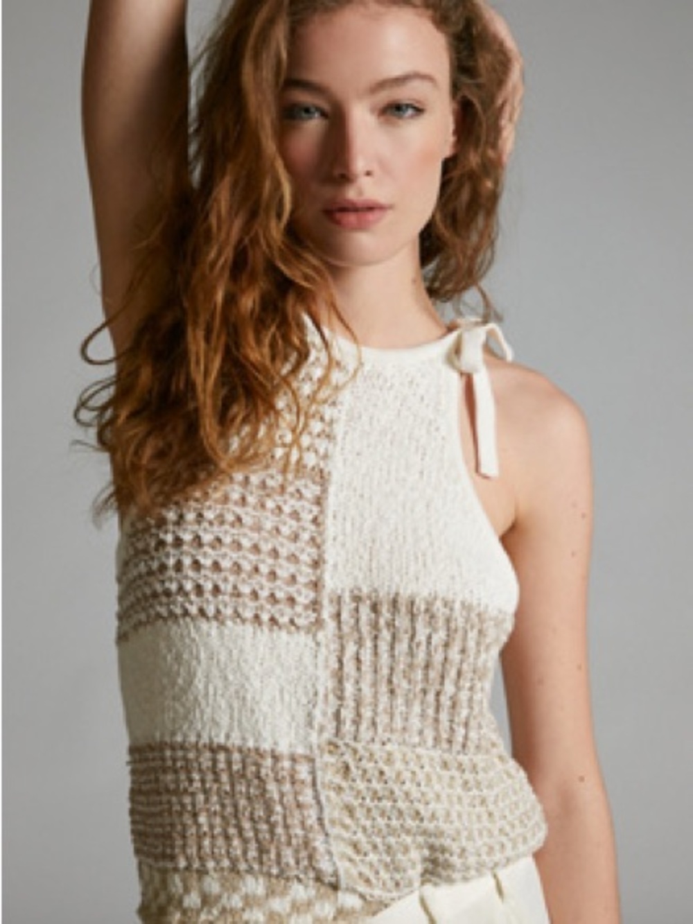 By Anthropologie Elliotte Lurex Sweater Tank XS Cream Crochet Knit Halter